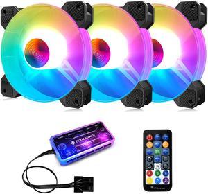 3 Pack RGB Case Fans,COOLMOON 120mm Silent Computer Cooling PC Case Fan Addressable RGB Color Changing LED Fan with Remote Control,Music Rhythm Sync & 5V ARGB Motherboard Sync