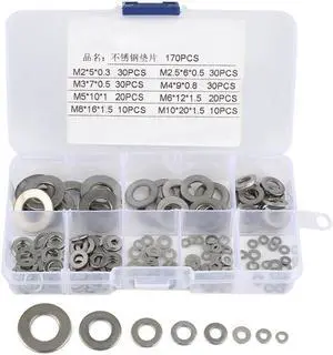 170Pcs/set M2 M2.5 M3 M4 M5 M6 M8 M10 Washers Stainless Steel Flat Washer Assortment Set with Box Fastener Hardware