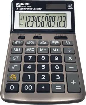Monroe Handheld 12-Digit Paperless Calculator with Check and Correct Functionality (Black)