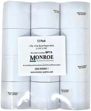 Monroe Single-Ply 15lb. Bond Paper Rolls, 2 1/4" x150' for Printing Calculators, Adding Machines, Cash Registers, and more! (12 Rolls)