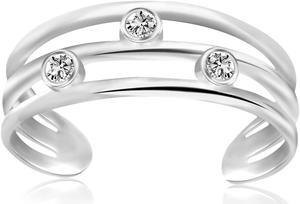 Sterling Silver Rhodium Plated Triple Line Open Motif Cubic Zirconia Toe Ring