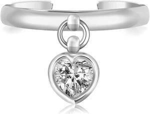 Sterling Silver Rhodium Finished Heart Cubic Zirconia Charm Toe Ring