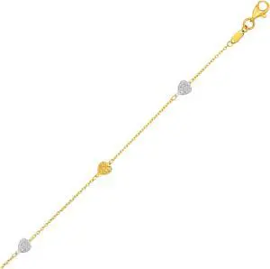 14k Two-Toned Yellow and White Gold Anklet with Textured Hearts
