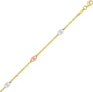 14k Three-Toned Yellow   White   and Rose Gold Anklet with Textured Ovals