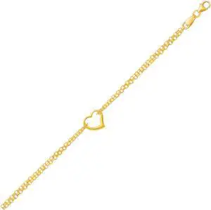 14k Yellow Gold Double Rolo Chain Anklet with an Open Heart Station
