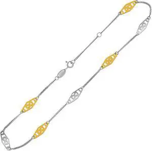 14k Yellow Gold and Sterling Silver Anklet with Rounded Diamond Shape Stations