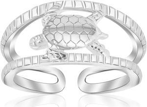 Sterling Silver Rhodium Plated Open Toe Ring with a Turtle Accent