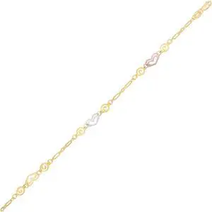 14k Tri-Color Gold Anklet with Multi Color Heart Stations