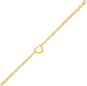 10k Yellow Gold Double Rolo Chain Anklet with an Open Heart Station
