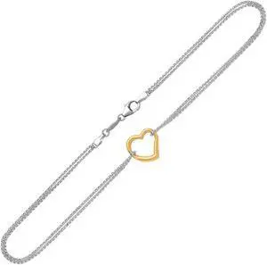 14k Yellow Gold and Sterling Silver Anklet with a Single Open Heart Station
