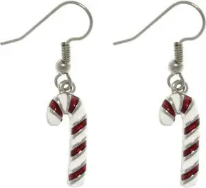 Jewelry Trends Pewter Holiday Christmas Candy Cane Dangle Earrings with Sparkling Enamel Stripes