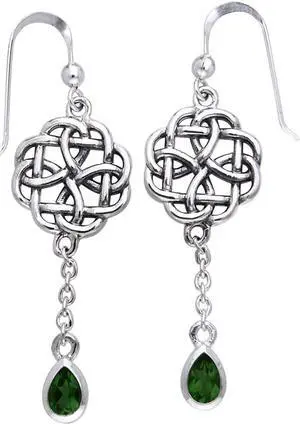 Jewelry Trends Sterling Silver Celtic Knot Dark Green Glass Dangle Earrings