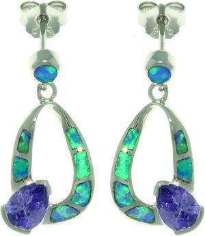 Jewelry Trends Sterling Silver Created Blue Opal with Purple CZ Teardrop Dangle Earrings