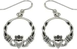 Jewelry Trends Sterling Silver Celtic Claddagh Heart with Crown Dangle Hoop Earrings