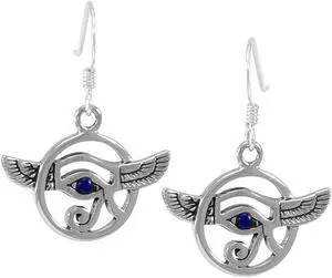 Jewelry Trends Sterling Silver Winged Udjat Eye Of Horus Dangle Earrings with Synthetic Lapis