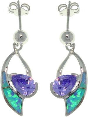 Jewelry Trends Sterling Silver Created Blue Opal and Purple Cubic Zirconia Dangle Earrings