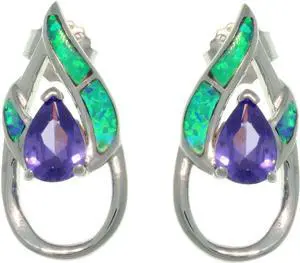 Jewelry Trends Sterling Silver Created Opal and Purple CZ Double Teardrop Post Earrings