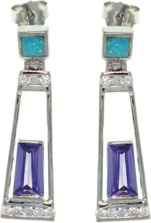 Jewelry Trends Sterling Silver Created Blue Opal with Clear and Purple CZ Dangle Earrings