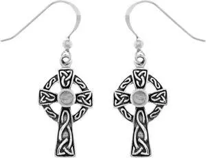 Jewelry Trends Sterling Silver Celtic Cross Dangle Earrings with Rainbow Moonstone