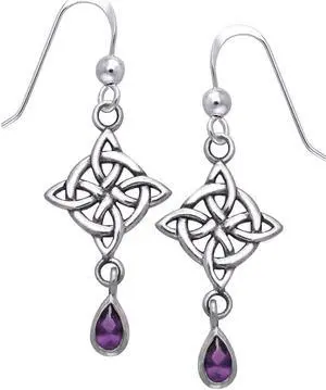 Jewelry Trends Sterling Silver Celtic Luck Knot Dangle Earrings with Purple Amethyst Drops