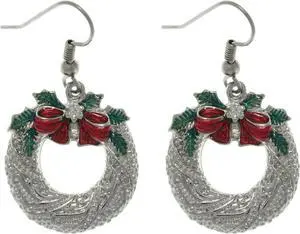 Jewelry Trends Pewter Christmas Holiday Wreath and Bow Dangle Earrings