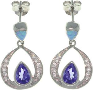 Jewelry Trends Sterling Silver Created Blue Opal with Clear and Purple CZ Teardrop Earrings