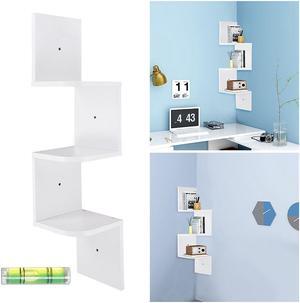 3 Tiers Wall Mount Corner Shelf Wood Storage Organizer w/ Gradienter Home White