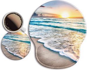 Ergonomic Mouse Pad with Wrist Support Rest [ 20% Larger] Mousepad Gel Wrist Rest with Coaster Non-Slip & Pain Relief for Computer Desk Home&Office-Beach