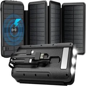 Solar Charger, Power Bank, Portable Charger,43800mAh QC3.0 Fast Charger Qi 10W Wireless Charger 4 Solar Panel Built-in 2 Kinds Output Cable and 680Lumen flashlights