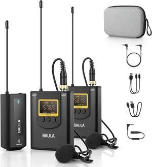 Wireless Lavalier Microphone System UHF Dual Lavalier Mic Lapel Microphone for iPhone/Android, DSLR Camera Microphone Real-time Audio Monitor Recording Vlog (2T1R)