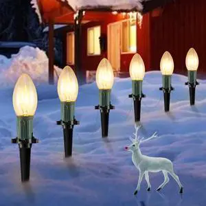 Christmas Pathway String Lights Outdoor - 25.7 Ft. C9 20 Clear Lights with 20 Stakes Connectable Waterproof for Indoor Xmas Party Holiday Commercial Decoration, Warm White
