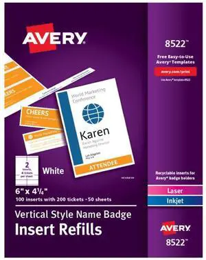Avery® Vertical Name Badge Inserts, 6" x 4 1/4", White, Box Of 100 Inserts