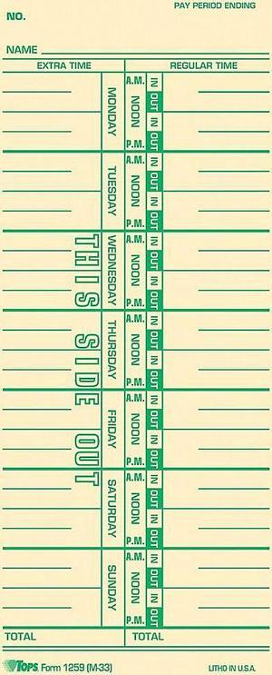 Tops Time Card for Acroprint/IBM/Lathem/Simplex Weekly 3 1/2 x 9 100/Pack 12593