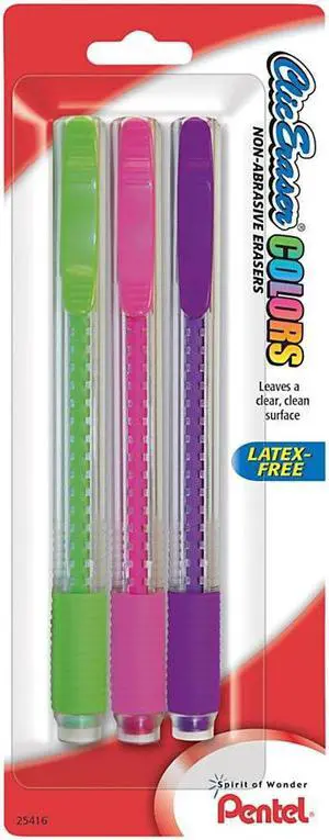 Clic Eraser COLORS Eraser For Pencil Marks White Eraser Assorted Barrel Colors 3/Pack ZE23BP3M