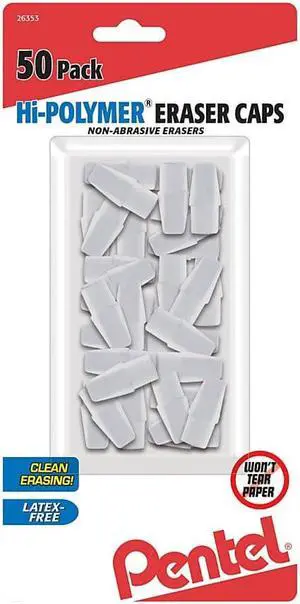 Pentel® Hi-Polymer® Eraser Caps, White, Pack Of 50