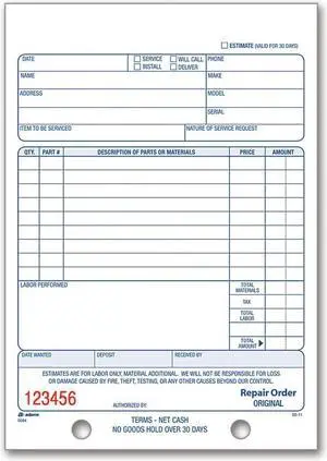 Adams Repair Order Book, 5.56 x 8.44 Inches, White, 2-Part, 50 Sheets (D5084)