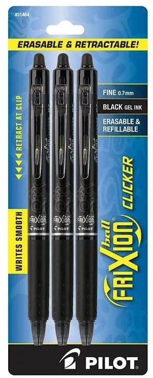 Pilot® FriXion Clicker Erasable Gel Pens, Fine Point, 0.7 mm, Black Barrels, Black Ink, Pack Of 3