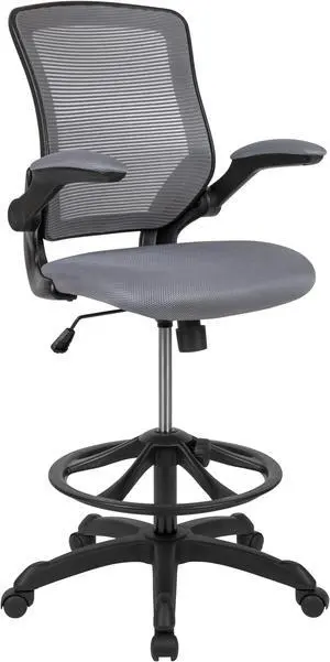Mid-Back Dark Gray Mesh Ergonomic Drafting Chair with Adjustable Foot Ring and Flip-Up Arms