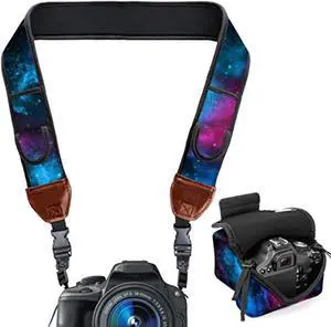 usa gear neoprene camera strap and camera case (galaxy) with quick release buckles and accessory storage pockets - compatible with canon, fujifilm, nikon, olympus, sony and more ca