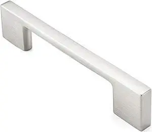 cauldham 5 pack solid kitchen cabinet pulls handles (3-5/8" hole centers) - modern thin profile drawer/door hardware - style m255 - satin nickel