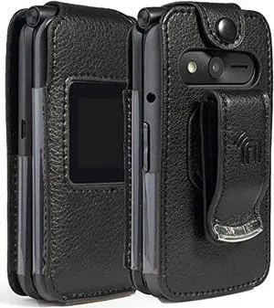 case for etalk phone, nakedcellphone [black vegan leather] form-fit cover with [built-in screen protection] and [metal belt clip] for kazuna/freetel verizon etalk flip phone