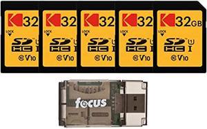 kodak 32gb class 10 uhs-i u1 sdhc memory card (5-pack) with focus all-in-one usb card reader bundle (6 items)