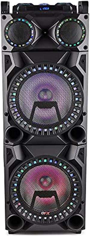 qfx pbx-1212 tws bluetooth rechargeable recording dual 12? woofer dual 1? tweeter speaker with microphone input, guitar input, aux input, usb port, sd card port, fm radio, and led party lights