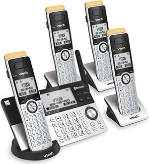 vtech is8151-4 super long range 4 handset cordless phone for home with answering machine, 2300 ft range, call blocking, bluetooth, headset jack, power backup, expandable to 12 hs, silver/black