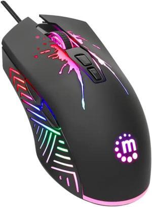 manhattan rgb gaming mouse - 7200 dpi ergonomic gamer optical mouse with light up led -for windows pc and laptop computer - long 5 ft braided usb wired cable - black - 3 yr mfg warranty - 190121