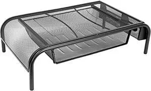 mount-it! metal mesh computer monitor stand [20" wide] steel desktop riser and organizer with pull out storage drawer and shelf for computers, laptops, printers, pens, notepads and accessories (black)