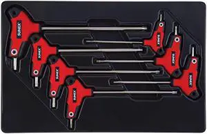 sunex 9857t, star hex key set, 7piece, t10 to t40, comfort grip, rubber overmolded handle, storage tray
