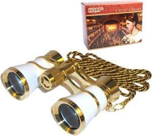hqrp opera glasses binocular white pearl color, crystal clear optic (cco), necklace chain in hqrp gift box