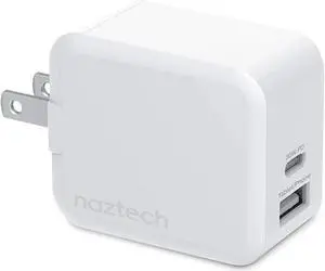 naztech 30w usb-c pd + 12w usb fast wall charger with foldable prongs [charge 2 devices at once] compatible for iphone 14/13/12/pro/pro max, samsung s23/s22/s21, pixel, notebooks & more [white] 15387