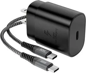 cabledeconn usb-c super fast charger 25w us standard plug power supply adapter with one usb-c to usb c male to male 60w 3a charge cable (black)